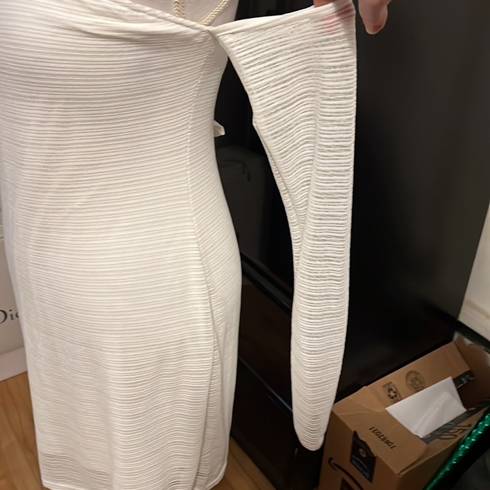 White dress with white sheer overlay off the shoulders with sheer long sleeves - Picture 2 of 4